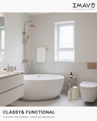 IMAVO Bathroom Accessories Set,Beige Bathroom Set,9 Pieces Bathroom Accessory Set,Tray,Qtip Holders,Toilet Brush,Trash Can for Bathroom Décor and Home Gifts