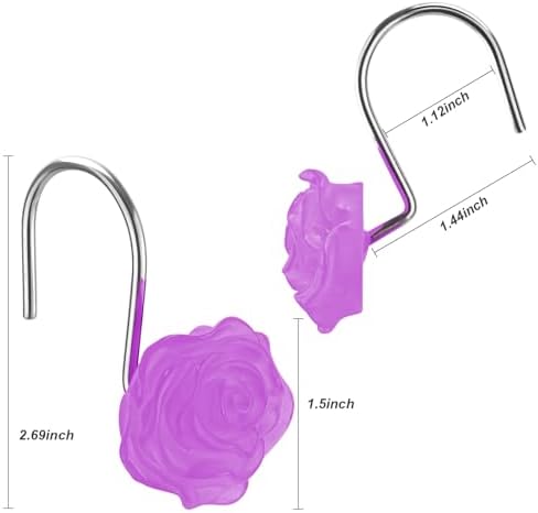 Rose Shower Curtain Hooks, Glow in The Dark, Pretty Floral Themed Elegant Bathroom Decor, Purple