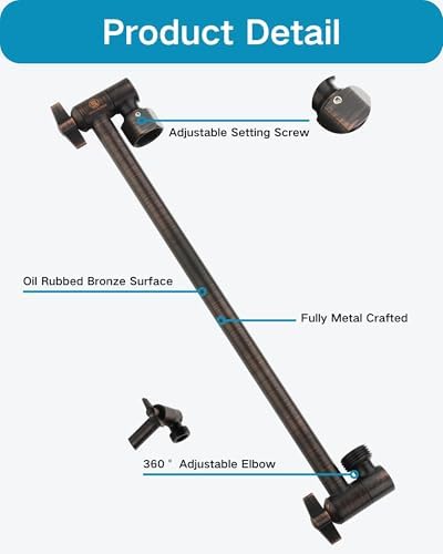 15 Inch Extra Long Adjustable Shower Head Extension Arm With Locking Set Screw, Singing Rain 304 Stainless Steel Angle Height Adjustable, G1/2 Universal Connector Compatible (Oil Rubber Bronze)