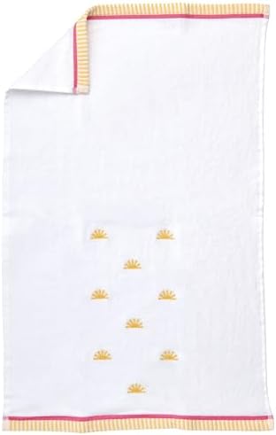 Ritz 2-Piece Cotton Velour Bathroom Hand Towel Set, Embroidered Sun Allover Pattern, Soft White Decorative Towels with Yellow & Pink Striped Border, Bath Decor, 16” x 26”