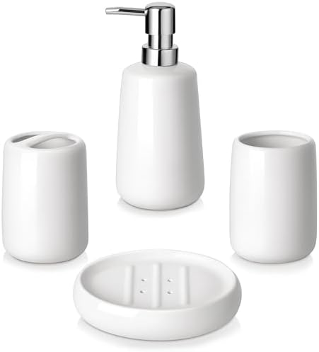 vancasso White Bathroom Accessories Set, Ceramic Soap Dispenser and Toothbrush Holder Sets, Stoneware 4 Pcs Bathroom Sink Set for Modern Home Decor