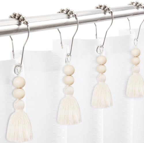 Boho Shower Curtain Hooks Rings Rustproof, CHICTIE Nautical Decorative Shower Curtain Rings with Handmade Wood Beads Tassel, Farmhouse Home Bathroom Bedroom Decor Set of 12 (Natural Cotton)