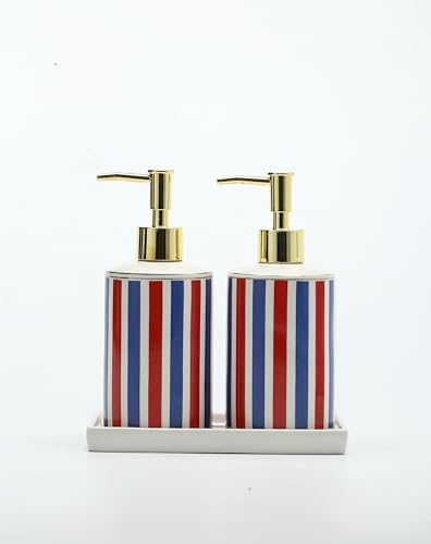 Patriotic Red, White & Blue Ceramic Soap Dispenser Set with Gold Pump – 3-Piece Bathroom & Kitchen Accessories with Tray, Refillable Lotion & Dish Soap Pump Bottles for Fourth of July & Nautical Décor