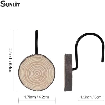 Sunlit Farmhouse Wooden Slices Shower Curtain Hooks, Rustic Home Decorative Shower Curtain Rings with Black Hooks for Bathroom, Resin Shower Curtain Hangers Bathroom Accessories, Set of 12
