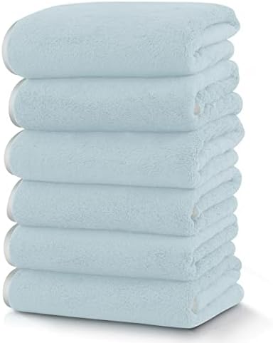 TENSTARS Silk Hemming Hand Towels for Bathroom - Quick Drying - Ultra Soft Microfiber Absorbent Towel for Bath Fitness, Gym, Shower, Hotel, and Spa - 16x28 Inch | Set of 6, Light Teal