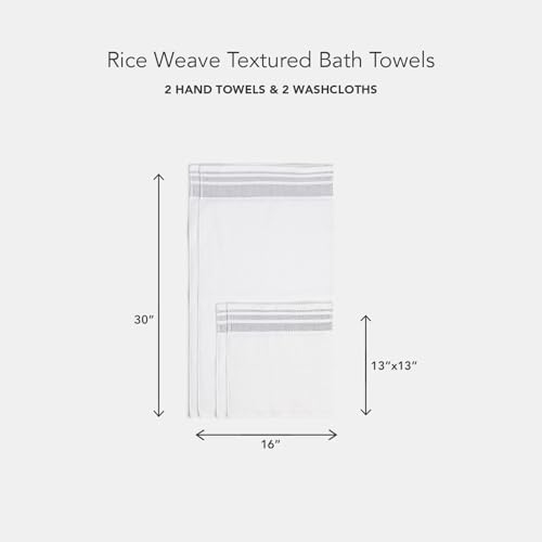 Texere 100% Organic Cotton Rice Weave Jacquard 700 GSM Luxury Bath Towel Sets - 2 Hand Towels, 2 Washcloths (Rice Weave, BRT Wht w/Blk, 2 Hand & 2 Wash Towels)