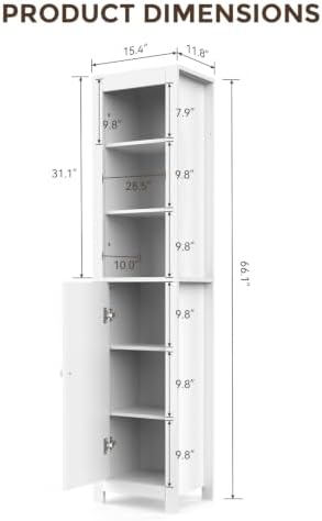 66'' Tall Bathroom Storage Cabinet, Storage Cabinets with Adjustable Shelves & Anti-Tip Design Floor Narrow Cabinet for Bathroom, Living Room, Entryway, Kitchen White