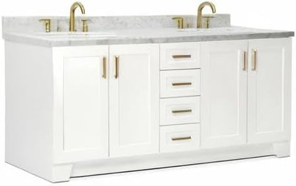 ARIEL 73" White Double Vanity, 1.5" Edge Italian Carrara Marble Countertop & Splash, Rectangular Sink, 4 Soft Closing Doors, 6 Full Extension Dovetail Drawers, Toe Kick, Satin Brass
