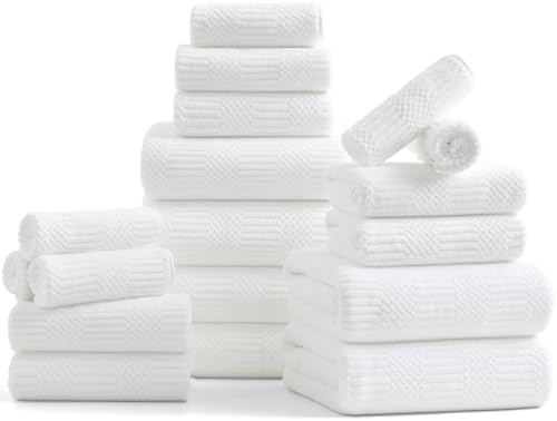 18 Pcs White Woven Family Towels Set-6 Bath Sheets,6 Hand Towels,6 Washcloths Soft Polyester Towels Absorbent Shower Towel Quick Dry Beach Chair Towel Lint Less Towels Set for Bathroom Spa Gym Hotel