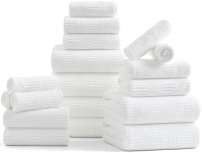 18 Pcs White Woven Family Towels Set-6 Bath Sheets,6 Hand Towels,6 Washcloths Soft Polyester Towels Absorbent Shower Towel Quick Dry Beach Chair Towel Lint Less Towels Set for Bathroom Spa Gym Hotel