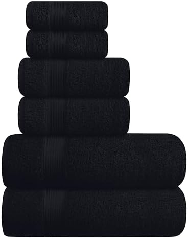 Belizzi Home Ultra Soft 6 Pack Cotton Towel Set, Contains 2 Bath Towels 28x55 inch, 2 Hand Towels 16x24 inch & 2 Wash Coths 12x12 inch, Ideal for Everyday use, Compact & Lightweight - Black