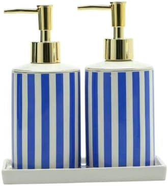 Coastal Blue & White Ceramic Soap Dispenser Set with Gold Pump – 3-Piece Bathroom & Kitchen Accessories with Tray, Refillable Lotion & Dish Soap Pump Bottles for Beach House & Nautical Décor