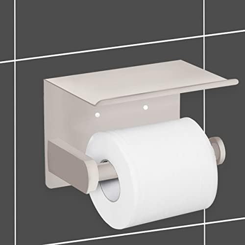 VAEHOLD Self Adhesive Toilet Paper Holder with Phone Shelf SUS 304 Stainless Steel Wall Mounted Toilet Paper Roll Holder - Rustproof and Bathroom Washroom Tissue Roll Holder with Shelf -Beige