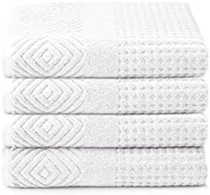 Texere 100% Organic Cotton Diamond Jacquard 700 GSM Luxury Bath Towel Sets - Ultra Soft and Absorbent Hotel and Spa Quality (Diamond, Bright White, 4 Bath Towels)