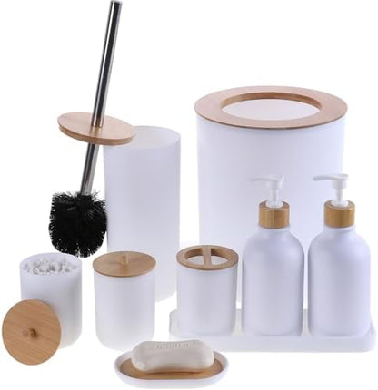 Matte White Bathroom Accessories Set 9PCS,Bamboo Bathroom Accessories Sets Complete with Trash Can,Soap Dispenser and Toothbrush Holder Set,Toilet Brush,Qtip Holder,Vanity Tray,Soap Dish