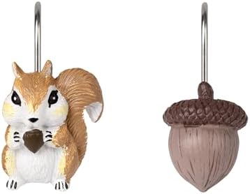 Sunlit Fall Autumn Decorative Shower Curtain Hooks, Chipmunk Acorn Shower Curtain Rings, Resin, Brown Cute Bathroom Curtain Hangers Decoration, Set of 12