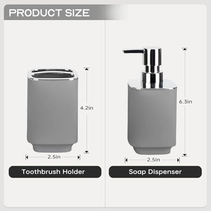 Grey Bathroom Accessories 2 Pcs, Soap Dispenser and Toothbrush Holder Set