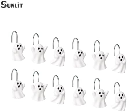 Sunlit Ghost Shower Curtain Hooks, Home Decorative Shower Curtain Rings with Sliver Hooks for Bathroom, Halloween Shower Curtain Hangers Bathroom Accessories, Set of 12