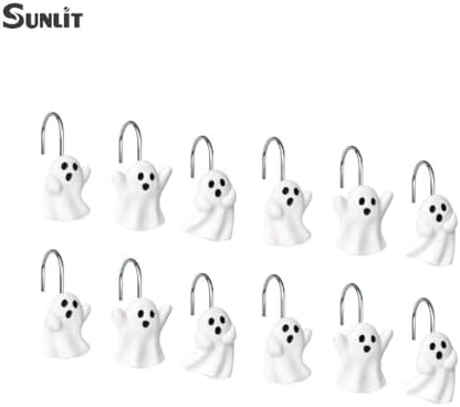 Sunlit Ghost Shower Curtain Hooks, Home Decorative Shower Curtain Rings with Sliver Hooks for Bathroom, Halloween Shower Curtain Hangers Bathroom Accessories, Set of 12