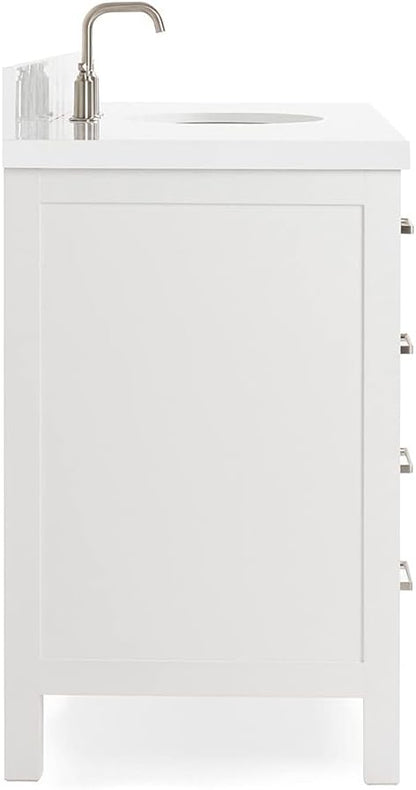 ARIEL Cambridge 54-inch Bathroom Vanity with Sink,Solid Wood, 1.5-inch Pure White Quartz Countertop & Backsplash, Single Oval Porcelain Sink, 2 Soft Closing Doors, 9 Dovetail Drawers, White