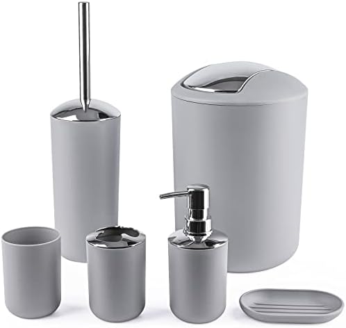 Compact 6-Piece Grey Plastic Bathroom Accessories Set with Small Trash Can, Soap Dispenser, Toothbrush Holder, Cup, Soap Dish, Toilet Brush for Guest Bathroom Dorm Apartment