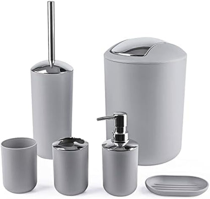 Compact 6-Piece Grey Plastic Bathroom Accessories Set with Small Trash Can, Soap Dispenser, Toothbrush Holder, Cup, Soap Dish, Toilet Brush for Guest Bathroom Dorm Apartment