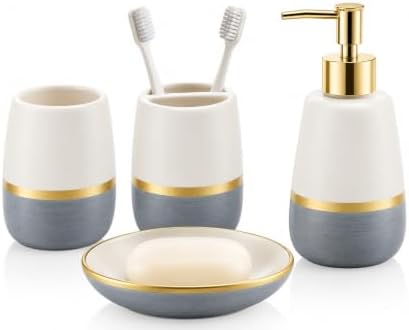 4 Piece Ceramic Bathroom Accessories Set, White Gray and Gold Soap Dispenser, Toothbrush Holder, Tumbler and Soap Dish, Modern Bathroom Countertop Vanity Decor