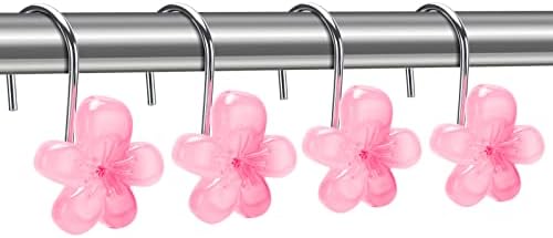 Flower Decorative Shower Curtain Hooks, Glow in The Dark, Set of 12, Pink