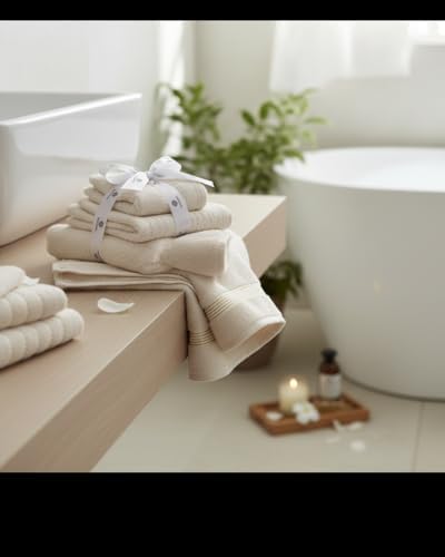BIOLINEN Ivory 6 Piece Towel Set, 2 Bath Towels 2 Hand Towels 2 Washcloths, 100% Cotton Soft Absorbent Towel Sets for Bathroom Home Gym Spa Travel