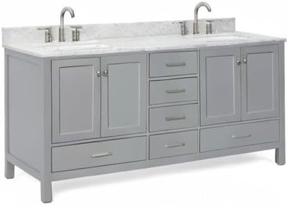 ARIEL Cambridge 72-inch Bathroom Vanity with Sink,Solid Wood, 0.75-inch Italian Carrara Marble Countertop, Double Rectangular Porcelain Sink, 4 Soft Closing Doors, 6 Dovetail Drawers, Grey