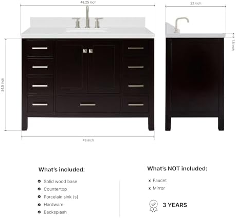 ARIEL Cambridge 48-inch Bathroom Vanity with Sink,Solid Wood, 1.5-inch Carrara White Quartz Countertop, Single Rectangular Porcelain Sink, 2 Soft Closing Doors, 9 Dovetail Drawers, Espresso