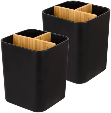 Bamboo Toothbrush Holder for Bathrooms Toothpaste Organizer, 2 Pack, Black