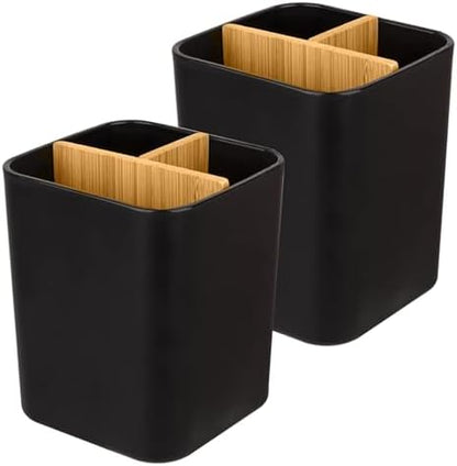 Bamboo Toothbrush Holder for Bathrooms Toothpaste Organizer, 2 Pack, Black