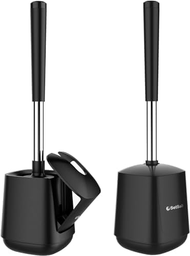 SetSail Toilet Brush and Holder, Self Closing Lid Toilet Bowl Brushes Holder and Extra Long Handle Ventilated Toilet Brush Set for Bathroom Cleaning, Nylon Bristles, 2 Packs-Black