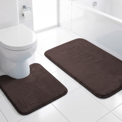 H.VERSAILTEX Bath Mat Memory Foam Set Bathroom Rug Set Flannel Velvety Bath Mat Luxury Extra Soft and Absorbent Non Slip Rugs for Bathroom/Bedroom Washable(Curved Set 24"x 36" Plus 20"x 24"U, Brown)