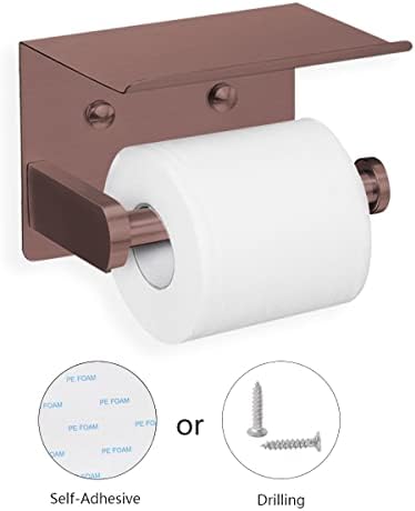 VAEHOLD Self Adhesive Toilet Paper Holder with Phone Shelf Stainless Steel Wall Mounted Toilet Paper Roll Holder - Rustproof and Bathroom Washroom Tissue Roll Holder with Shelf - Red Copper