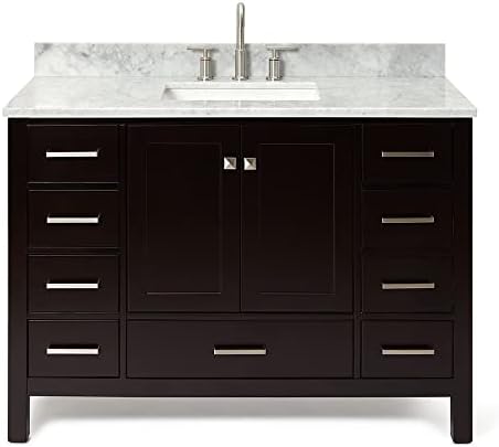 ARIEL Cambridge 48-inch Bathroom Vanity with Sink,Solid Wood, 0.75-inch Italian Carrara Marble Countertop, Single Rectangular Porcelain Sink, 2 Soft Closing Doors, 9 Dovetail Drawers, Espresso