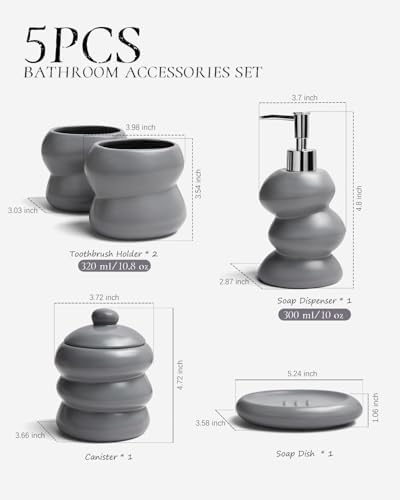 Bathroom Accessory Set 5PCS, Ceramic Bathroom Accessories Set, Irregular Shape Small Bathroom Sets Accessories Complete, Home Apartment Minimalist Decor Vanity Countertop, ANTIS'S HOME (Grey)