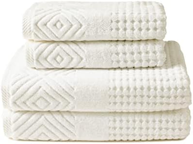 Texere 100% Organic Cotton Diamond Jacquard 700 GSM Luxury Bath Towel Sets - Ultra Soft and Absorbent Hotel and Spa Quality (Diamond, Cream, 2 Bath & 2 Hand Towels)