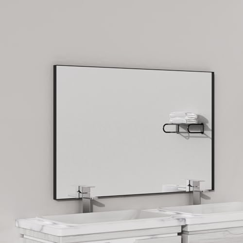 VocalStar Black Bathroom Mirror for Wall, 28 x 40 Inch Square Corner Rectangle Metal Framed Bathroom Vanity Mirror Modern Farmhouse, 1/4-inch Shatterproof Glass | Ultra-Flush Hanging