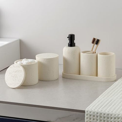 Bathroom Accessories Set,4 PCS Travertine Stone Look Collection,Cream