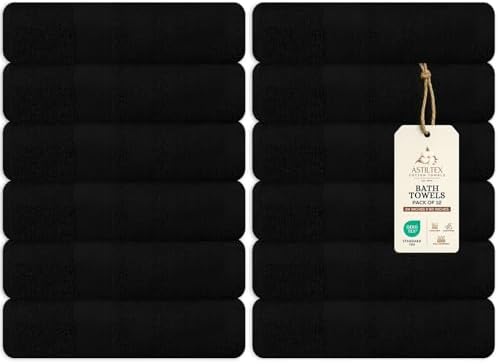 Bath Towels Bulk Set of 12 – 24" x 50" – 100% Cotton Terry, Soft, Quick-Dry & Highly Absorbent – Black Towels for Bathroom, Spa, Gym, Hotel, Pool & Everyday Use