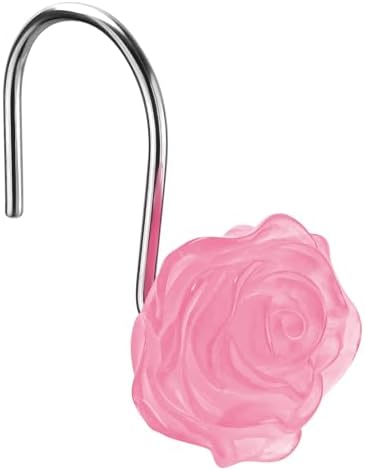Rose Shower Curtain Hooks, Glow in The Dark, Pretty Floral Themed Elegant Bathroom Decor, Pink