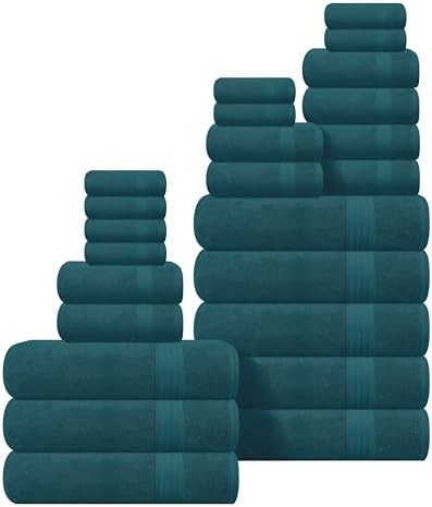 GLAMBURG Ultra Soft 24-Piece Towel Set - 100% Pure Ringspun Cotton, Contains 8 Oversized Bath Towels 27x54, 8 Hand Towels 16x28, 8 Wash Cloths 13x13 - Ideal for Everyday use, Hotel & Spa - Teal