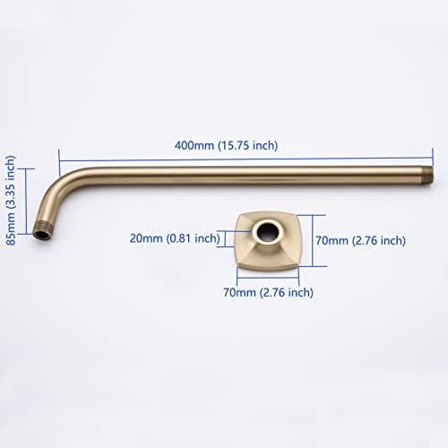 16 Inch Shower Arm Wall Mounted, SWHYGER L Shape Stainless Steel Rainfall Showerhead Extension Replacement Pipe Arm with Flange, Brushed Gold,SW-91018-16BG.
