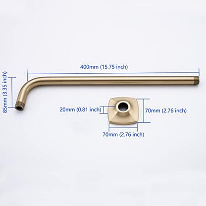 16 Inch Shower Arm Wall Mounted, SWHYGER L Shape Stainless Steel Rainfall Showerhead Extension Replacement Pipe Arm with Flange, Brushed Gold,SW-91018-16BG.