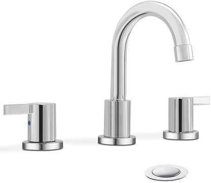 Phiestina Widespread Bathroom Sink Faucet, 3 Hole 8 Inch Chrome Finish, Modern Vanity Faucet with Metal Pop Up Drain, WF015-1-C