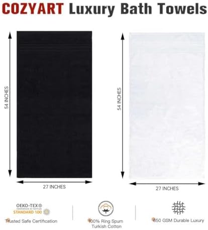 COZYART Luxury Bath Towels 4 PCS, 27x54 650 GSM Turkish Cotton, Black+White