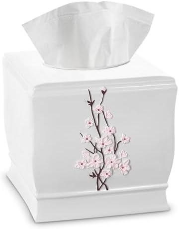 Vanda Cherry Blossom White Square Resin Tissue Box Cover with Bottom Slider
