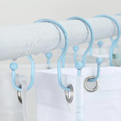 Goowin Shower Curtain Hooks, 12 Pcs Shower Curtain Rings, Stainless Steel Shower Curtain Hangers, Metal Shower Curtain Hooks Rings Rust Proof, Minimalist Shower Hooks for Shower Curtain, Blue